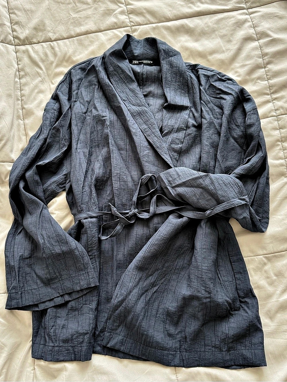NEW Zara Textured Wrap Kimono Gray Belted Blazer